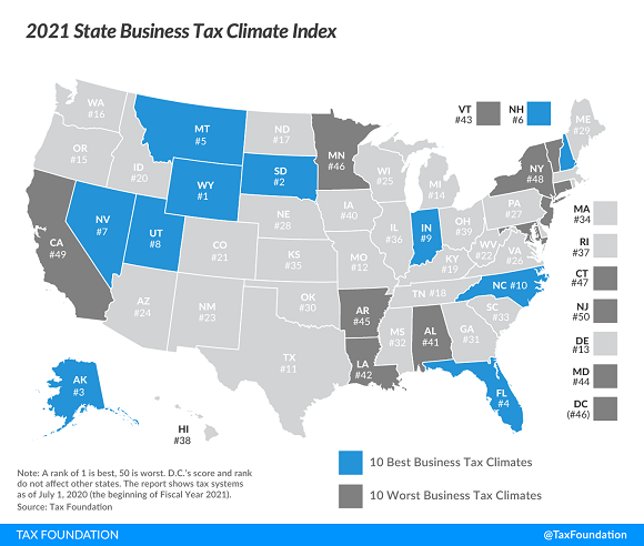 Map Tax Foundation 2021 State Business Tax Climate Index