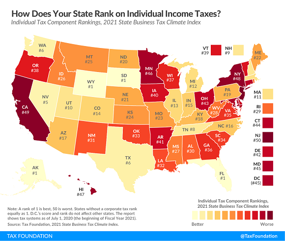 Tax Foundation map individual component 2021 state business tax climate index