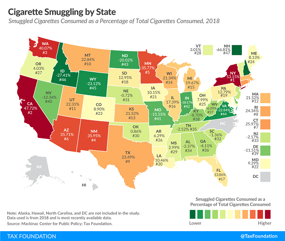 Tax Foundation 2018 state cigarette smuggling map