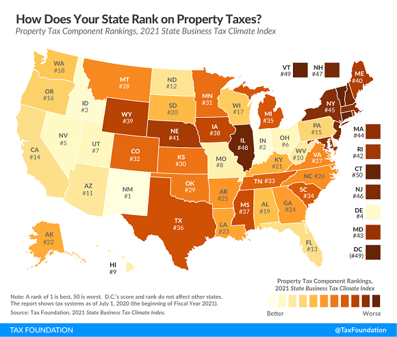 Tax Foundation 2021 property tax component Tax Climate Index map