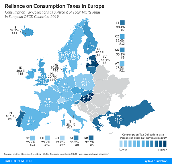 Tax Foundation 2021 map of European Consumption Tax Reliance