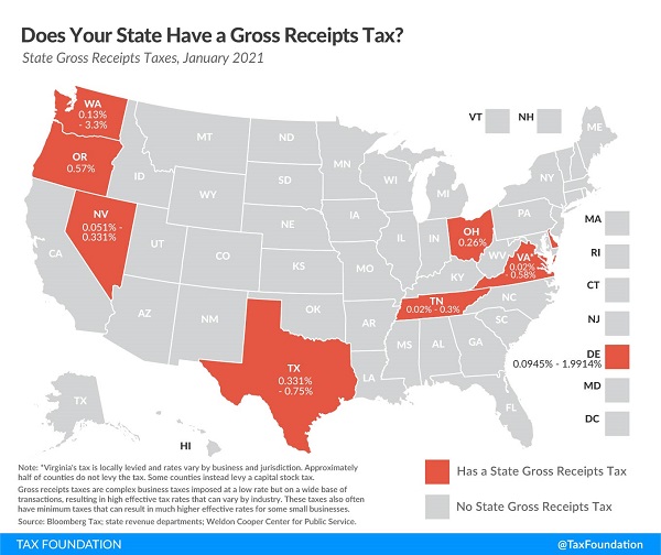 Tax Foundation map of state gross receipts taxes.