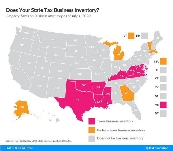 Tax Foundation 2021 map of states taxing business inventories