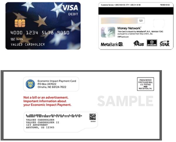 Sample stimulus debit cards and mailer