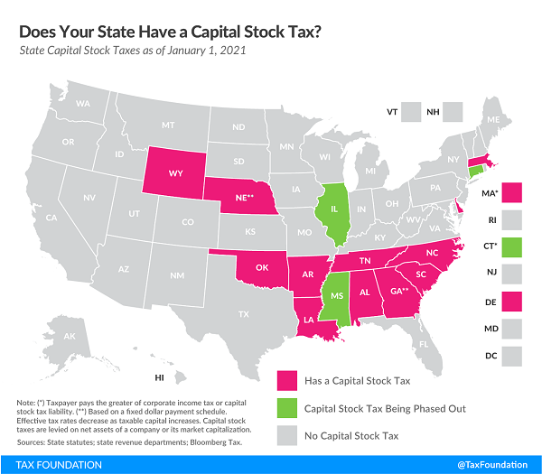 Tax Foundation 2021 map of state capital stock taxes