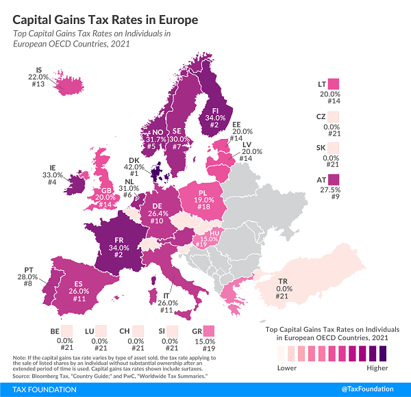 Tax Foundation 2021 map of European capital gain rates