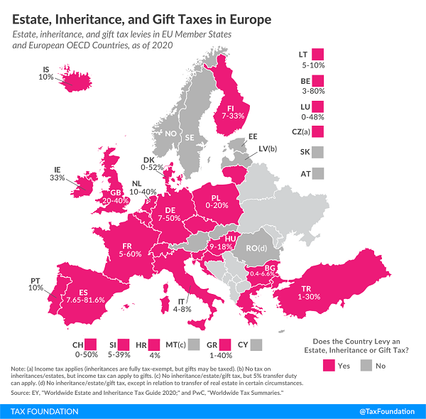 Tax Foundation 2021 map of European estate and inheritance taxes.