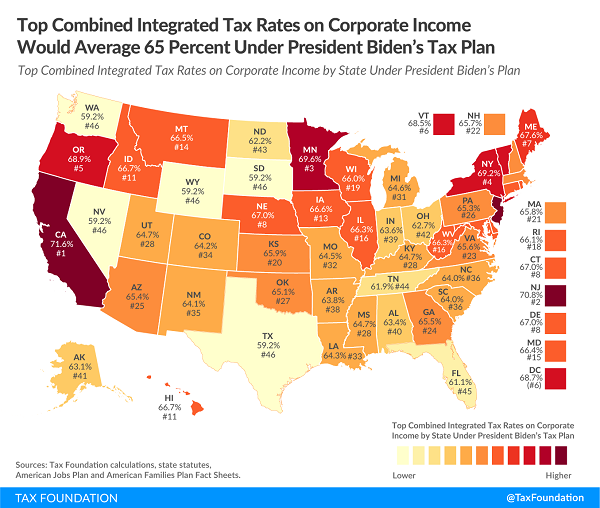Tax Foundation map of integrated corporation-individual tax rates