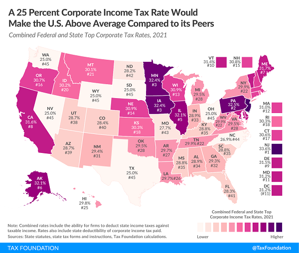 Tax Foundation map of combined federal state corporate income tax rates under biden proposal