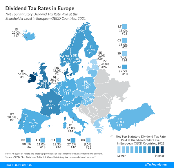 Tax Foundation 2021 map of Europe Dividend Tax Rates