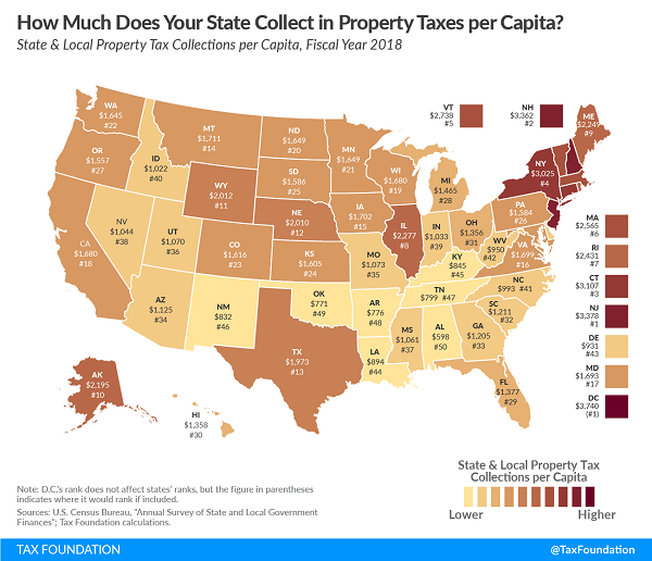 Tax Foundation 2021 map per-capita property tax collections by state