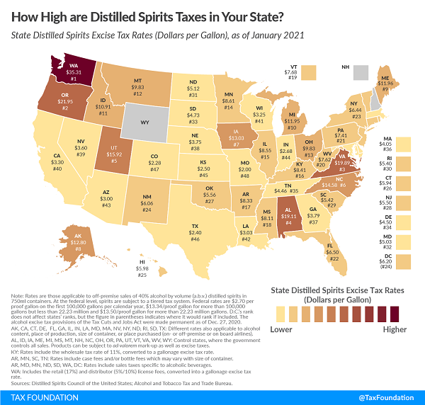 Tax Foundation 2021 map of state distilled spirits taxes