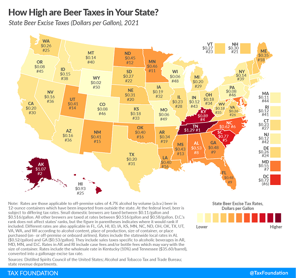 Tax Foundation map of 2021 state beer excise taxes