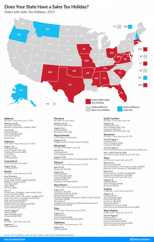 Tax Foundation map of 2021 sales tax holidays