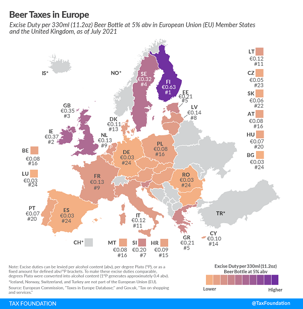 Tax Foundation 2021 europe beer tax map