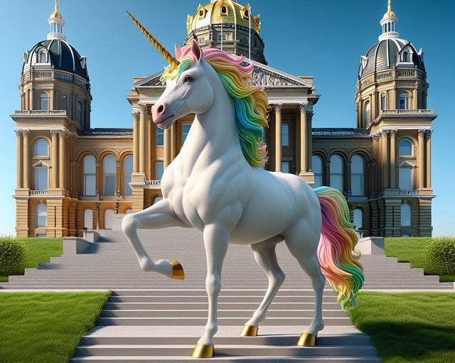 Bing dall-e3 image of Unicorn in front of the capitol