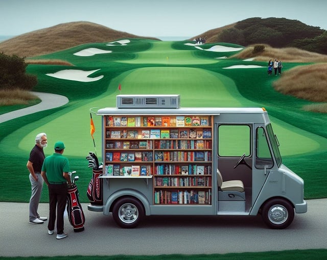 Bing Copilot DALL-E 3 image of a bookmobile on a golf course.