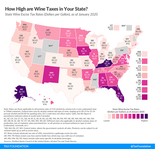 Tax Foundation June 2020 map US wine taxes