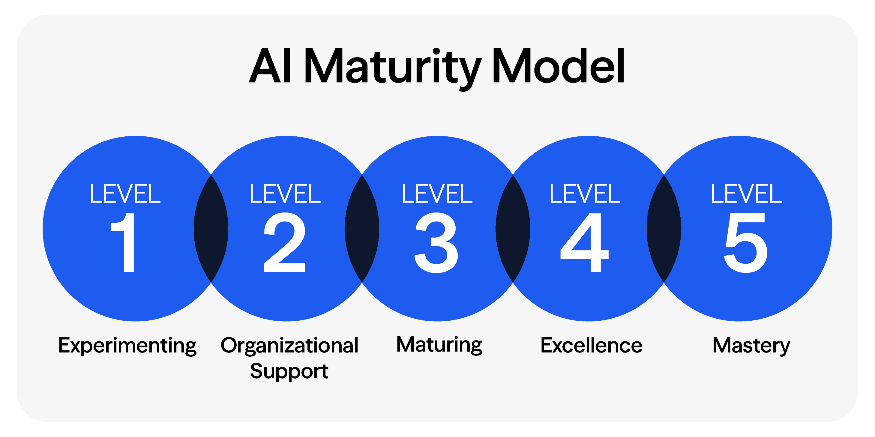 AI Maturity Model: Level 1 - Experimenting; Level 2 - Organizational Support; Level 3 - Maturing; Level 4 - Excellence; Level 5 - Mastery