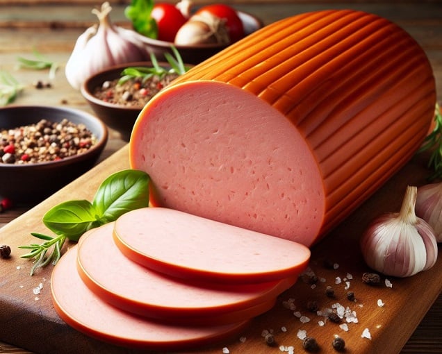 Dall-e image "A loaf of bologna with slices cut from it on a wooden cutting board"