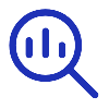 blue icon depicting a magnifying glass looking at some statistics