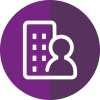 purple circle with building and person graphic in middle