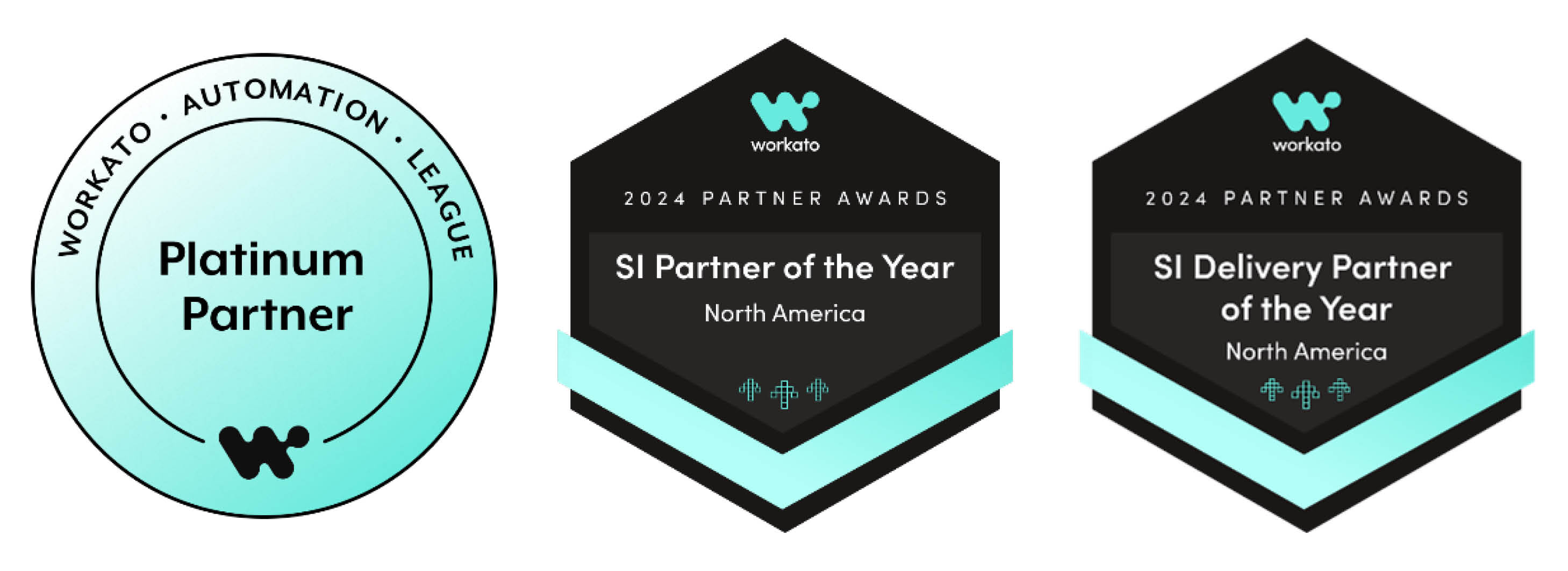 Workato Platinum Partner and 2024 Partner of the Year Badges