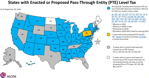 AICPA map of PTET states September 2024