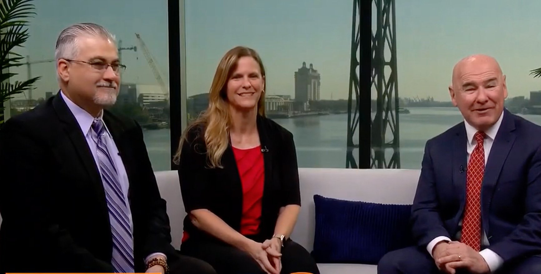 Three healthcare leaders sit together on a studio set during a WTOC interview, discussing rehabilitation services, patient care, and community health initiatives in a professional broadcast setting.