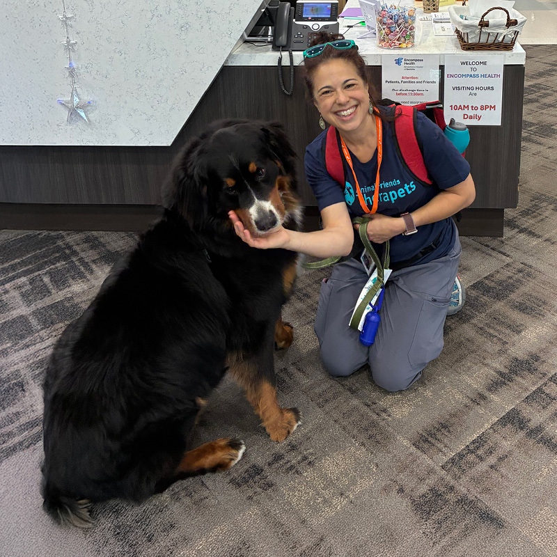 A volunteer kneels beside a large therapy dog in a hospital lobby, holding the dog's leash near a reception desk with visitor information signs in the background.