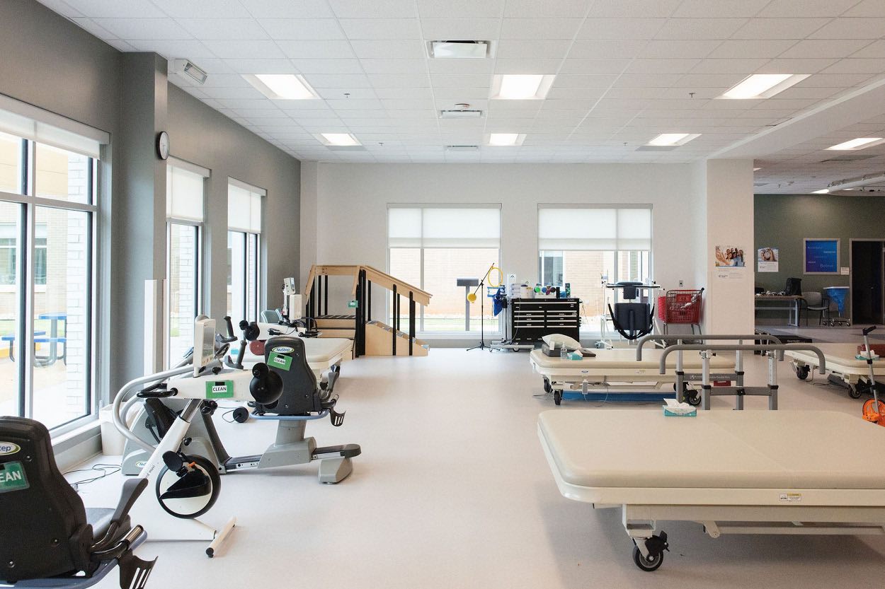 Therapy gym at Encompass Health Greenville features equipment added through the rehabilitation hospital bed expansion.