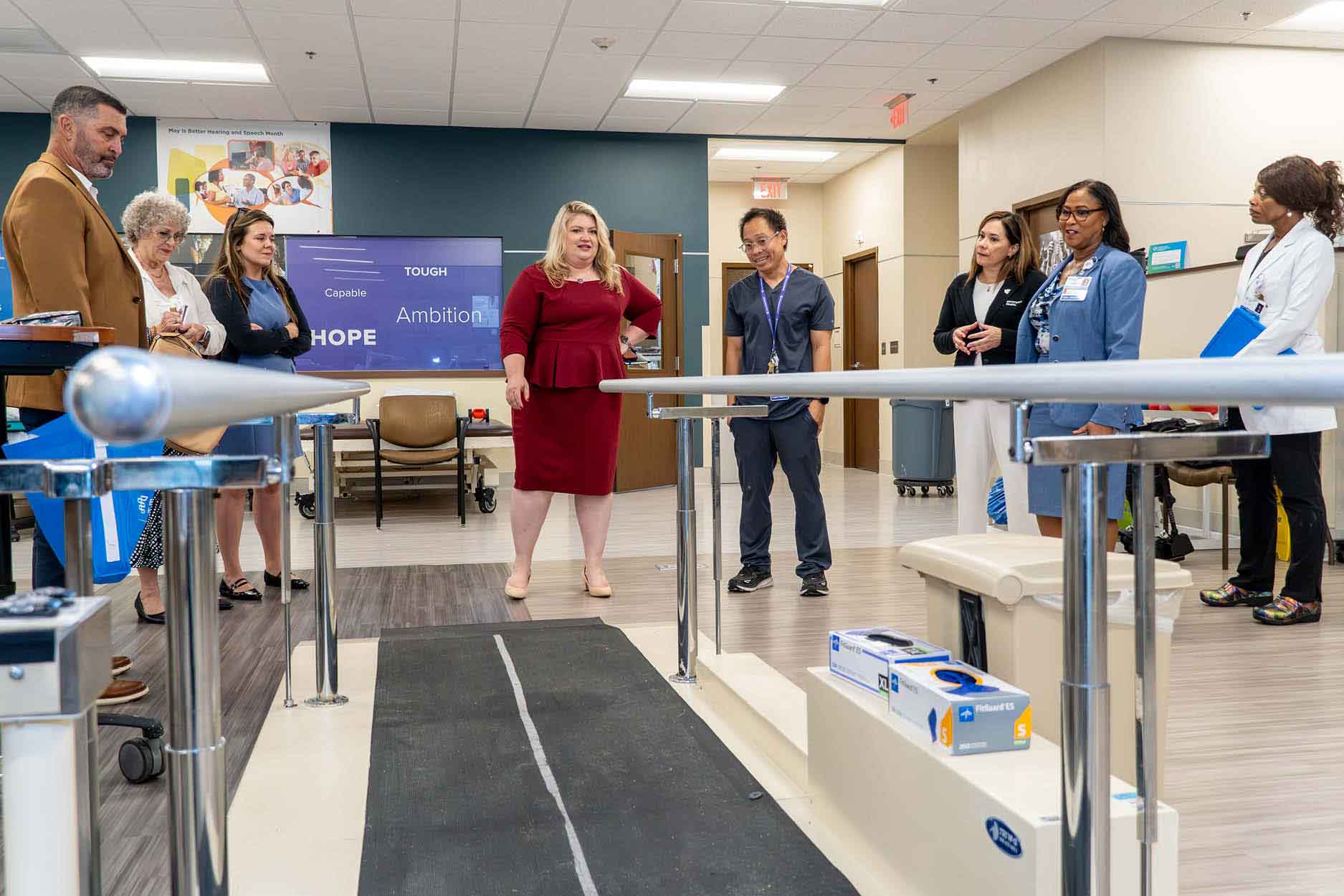 Congresswoman Kat Cammack tours an inpatient rehabilitation hospital therapy gym, learning about rehabilitation programs, patient care and recovery outcomes.