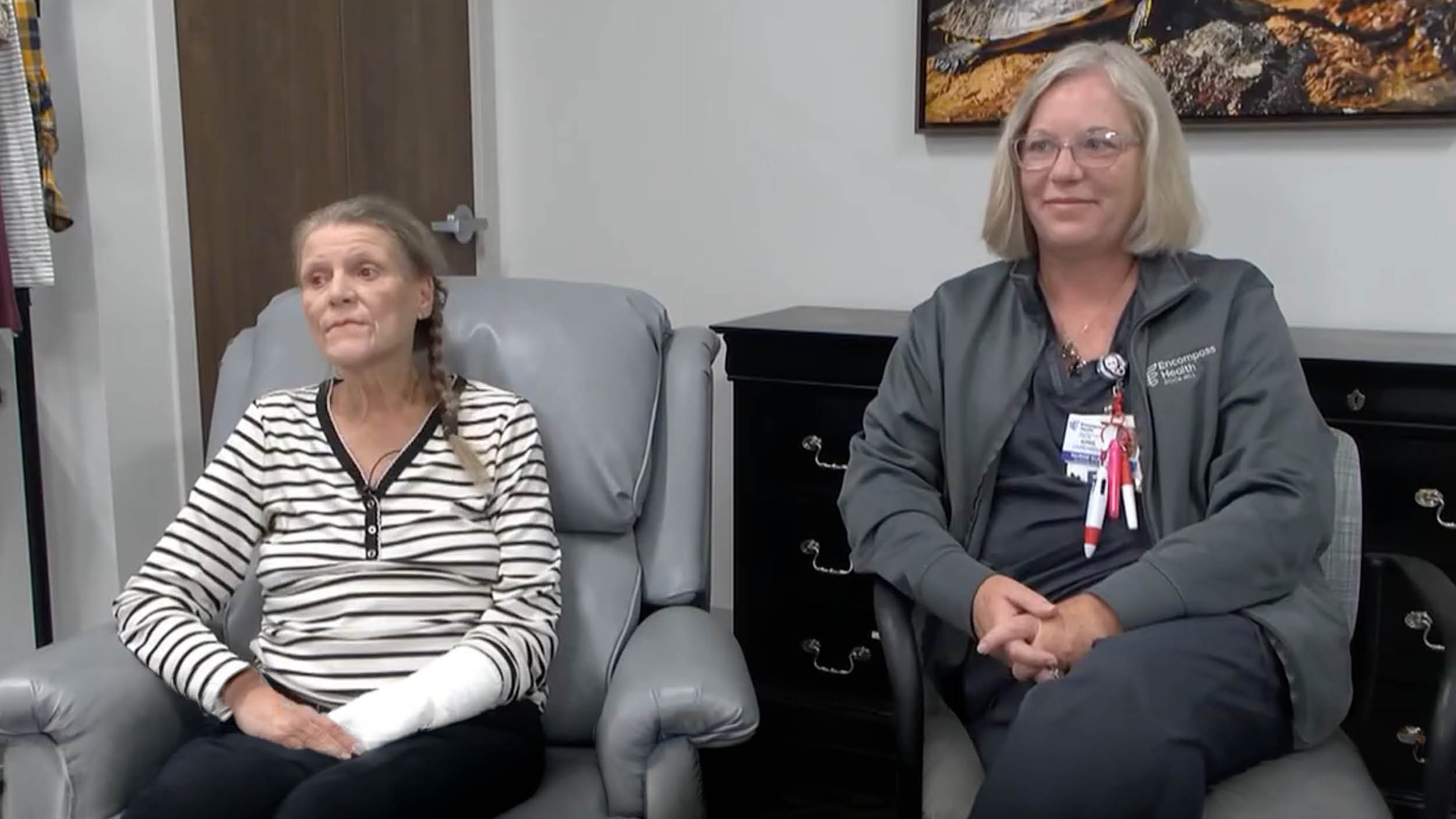 Patient Peggy Wright shares a rehabilitation recovery interview at Encompass Health Rock Hill, highlighting the patient experience.