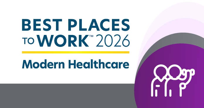Minimalist white icon of three people on a purple background with Best Places to Work Survey text, representing teamwork and a supportive rehabilitation hospital culture focused on patient-centered care