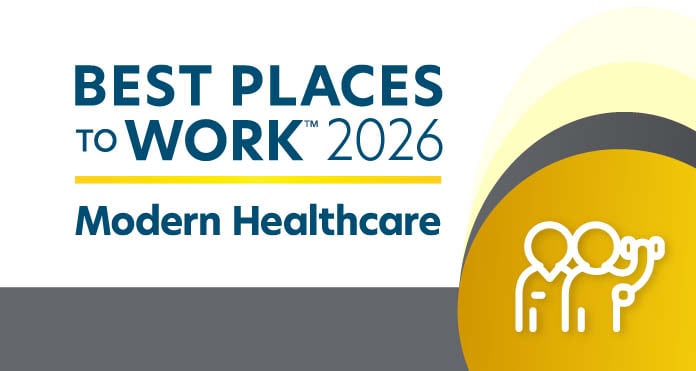 Minimalist white icon of three people on a purple background with Best Places to Work Survey text, representing teamwork and a supportive rehabilitation hospital culture focused on patient-centered care