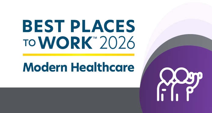 Minimalist white icon of three people on a purple background with Best Places to Work Survey text, representing teamwork and a supportive rehabilitation hospital culture focused on patient-centered care