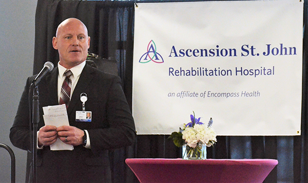 Ascension St. John Rehabilitation Hospital of Owasso CEO Harlo McCall speaking at the grand opening