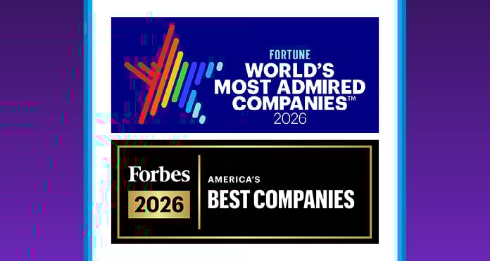 Logos for 2026 corporate rankings: Fortune's "World’s Most Admired Companies" with a colorful star design, and Forbes' "America’s Best Companies" on black.