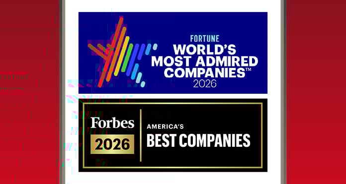 Logos for 2026 corporate rankings: Fortune's "World’s Most Admired Companies" with a colorful star design, and Forbes' "America’s Best Companies" on black.