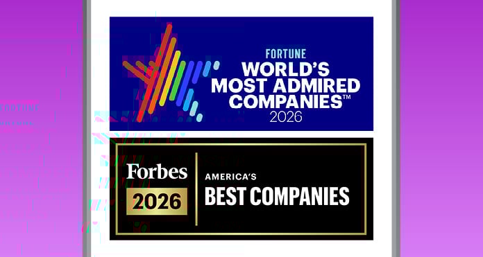 Logos for 2026 corporate rankings: Fortune's "World’s Most Admired Companies" with a colorful star design, and Forbes' "America’s Best Companies" on black.
