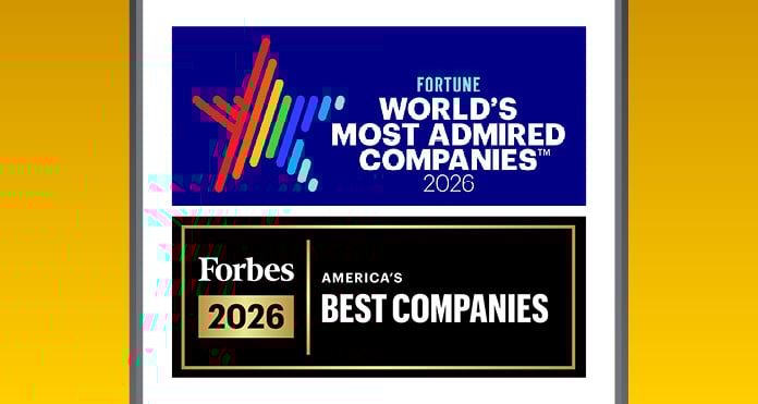 Logos for 2026 corporate rankings: Fortune's "World’s Most Admired Companies" with a colorful star design, and Forbes' "America’s Best Companies" on black.