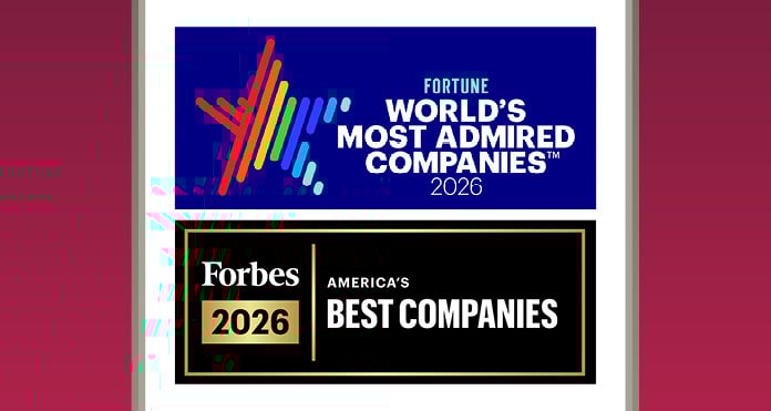 Logos for 2026 corporate rankings: Fortune's "World’s Most Admired Companies" with a colorful star design, and Forbes' "America’s Best Companies" on black.