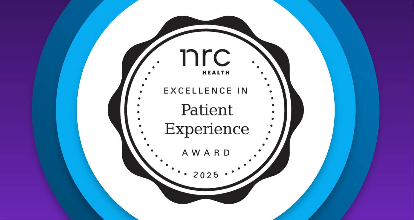 Round emblem with a black scalloped edge, text reads "NRC Health Excellence in Patient Experience Award 2025"