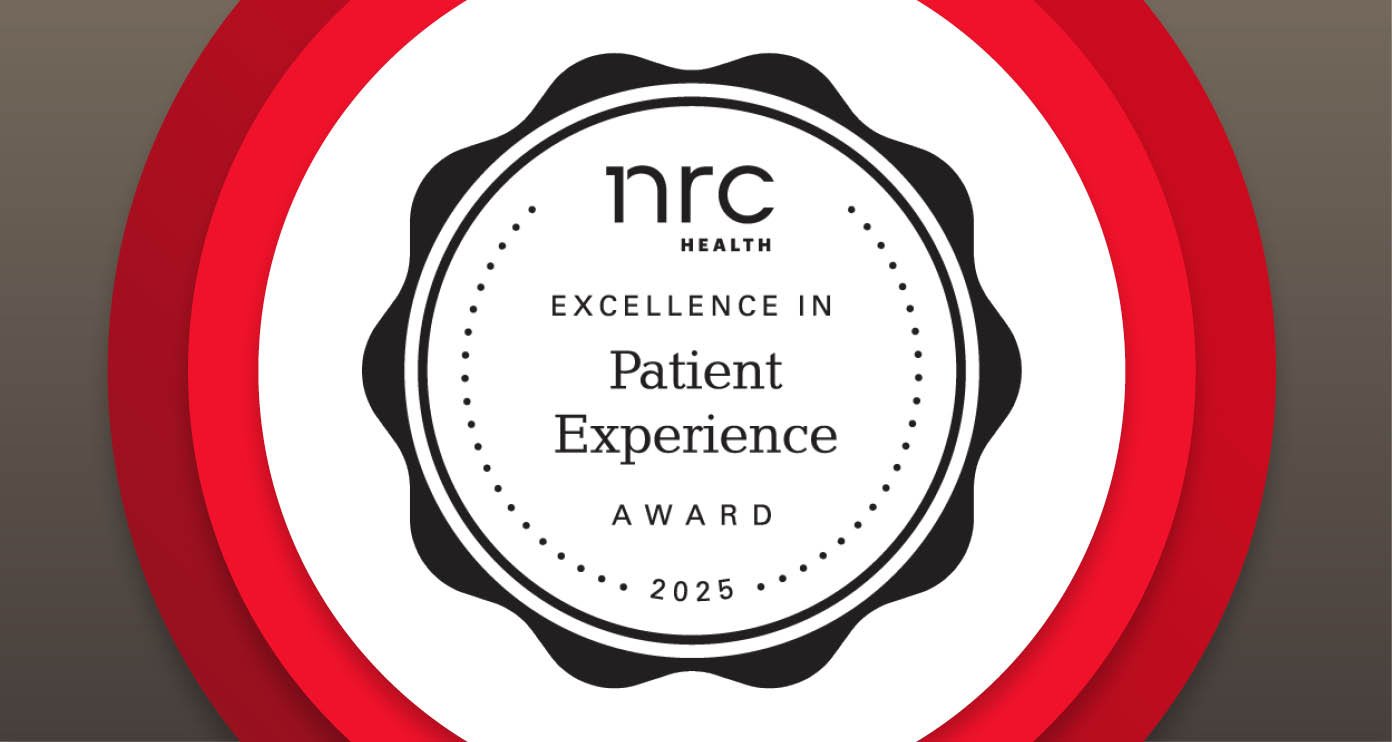 Round emblem with a black scalloped edge, text reads "NRC Health Excellence in Patient Experience Award 2025"