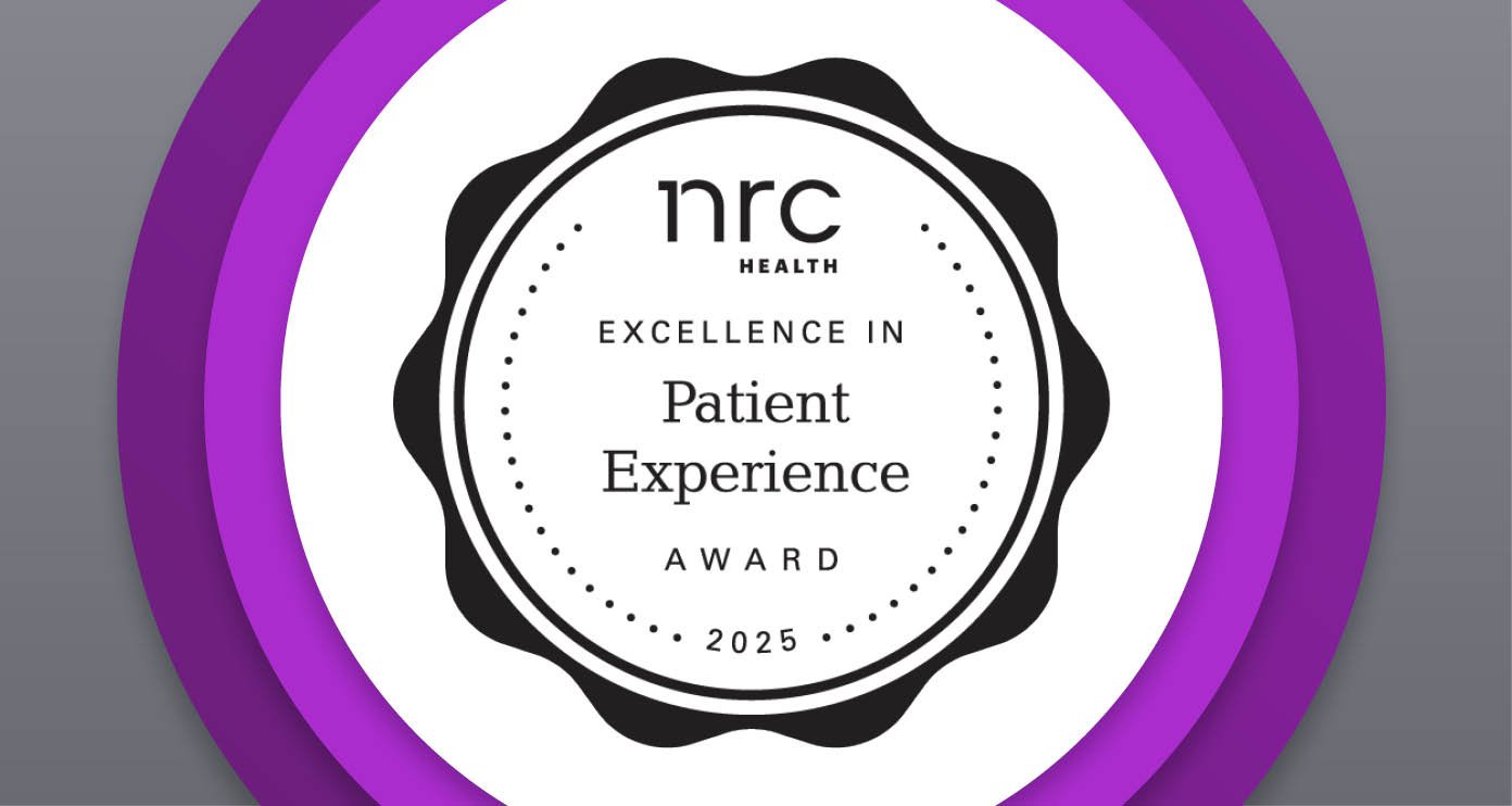 Round emblem with a black scalloped edge, text reads "NRC Health Excellence in Patient Experience Award 2025"