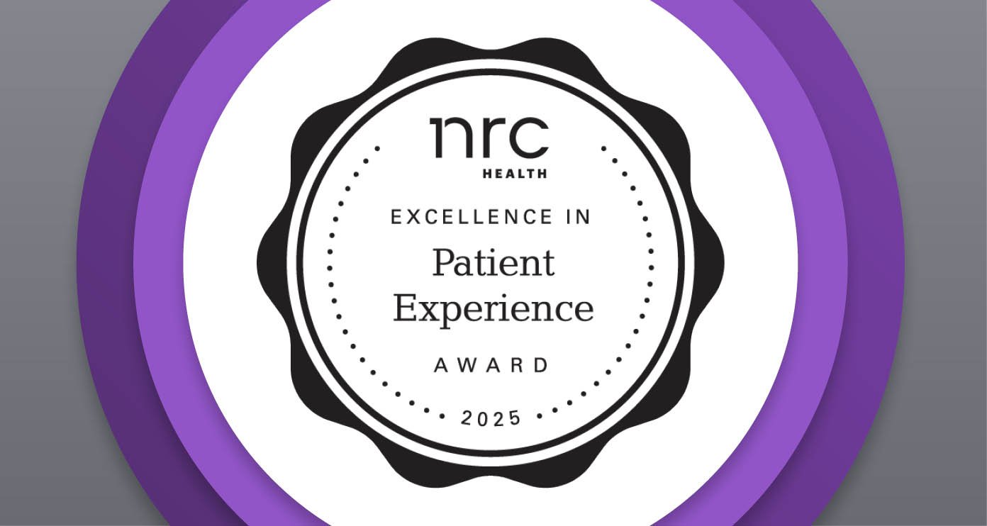 Round emblem with a black scalloped edge, text reads "NRC Health Excellence in Patient Experience Award 2025"