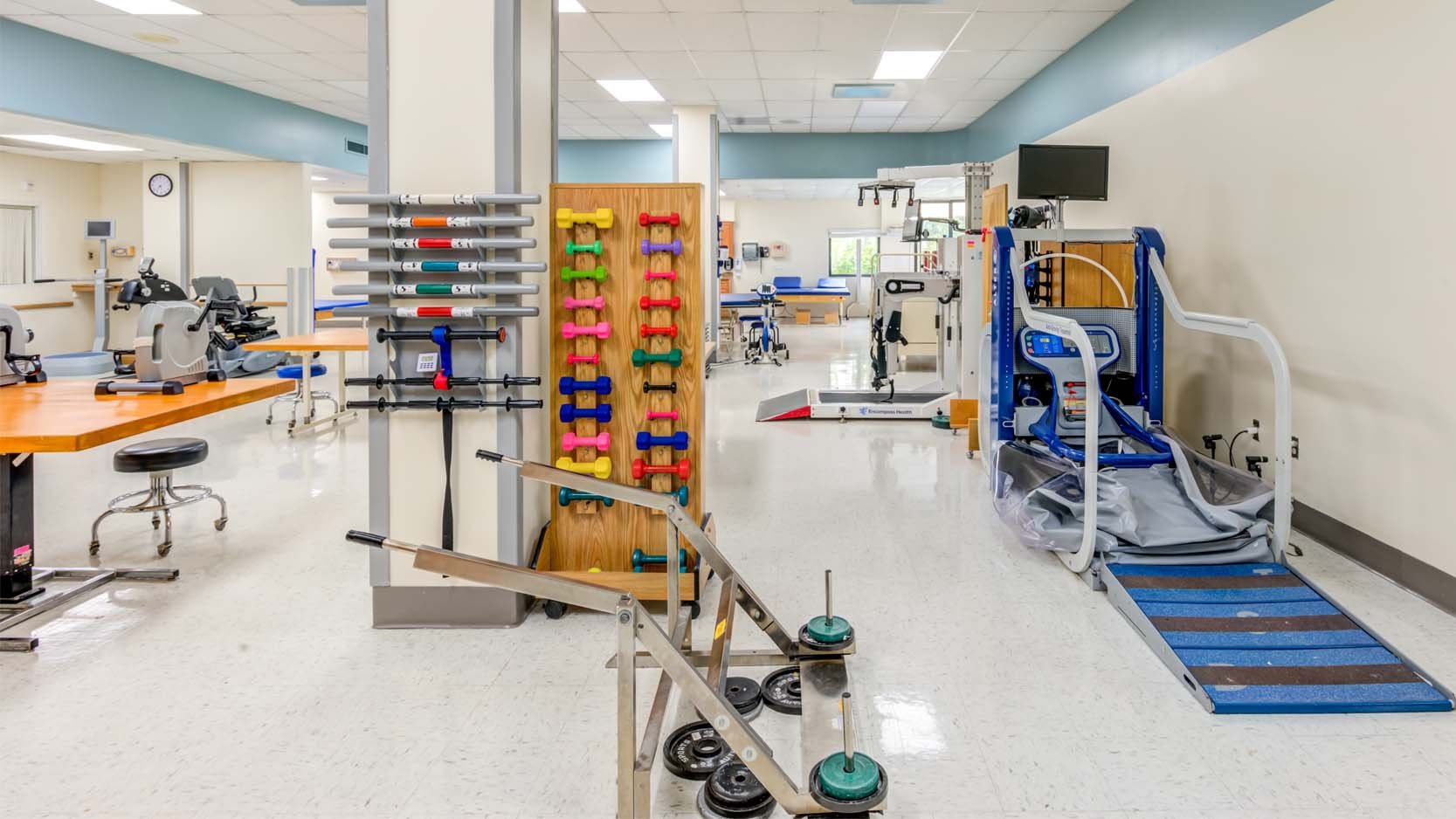 Weights and equipment in a therapy gym