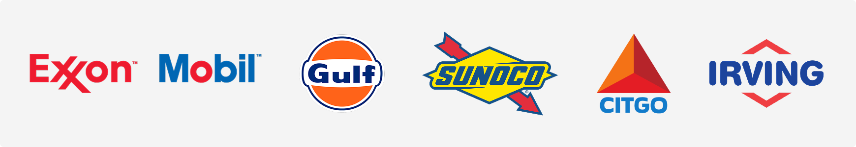 Logos for Exxon, Mobil, Gulf, Citgo, Sunoco, and Irving on top of a grey background.