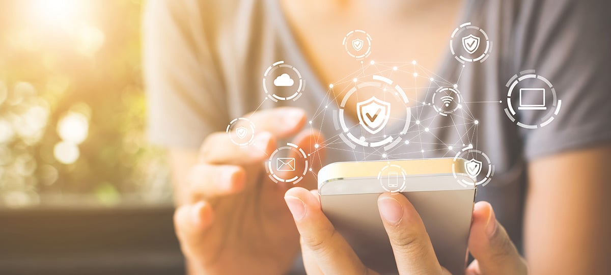 cell phone with cyber protection icons