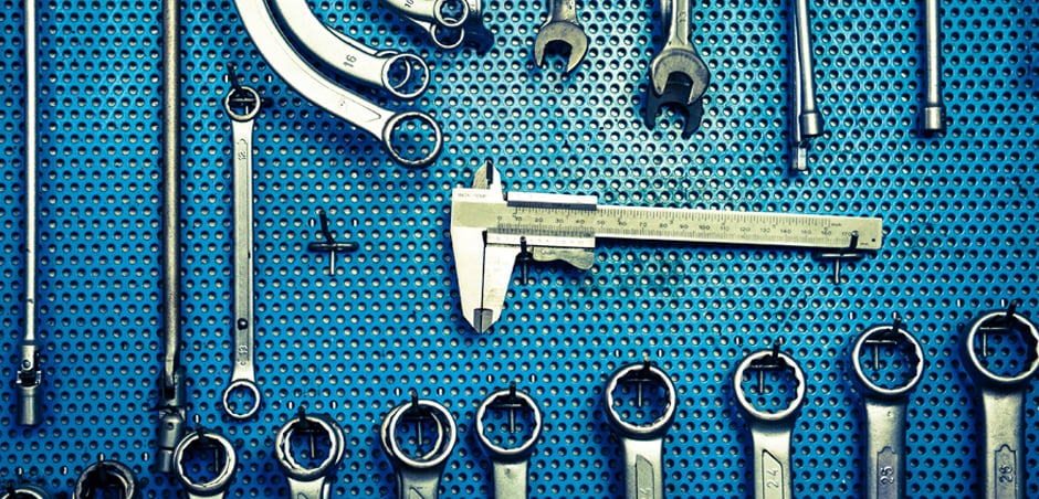 tools organized on blue background